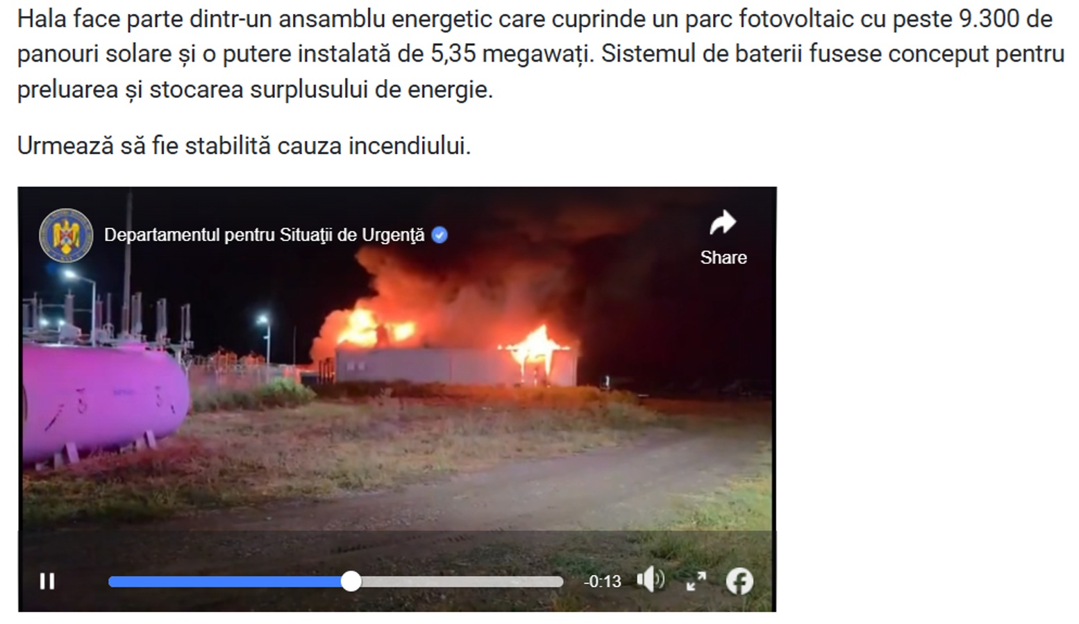 Stâlpu, Romania — battery fire